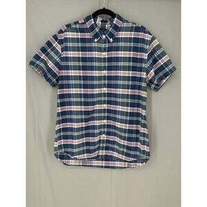 J Crew Shirt Mens Large Blue Plaid Oxford Slim Fit Button Cotton Short Sleeve